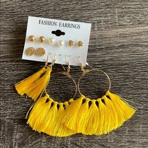 Earrings pack of 6 Yellow Fringe and Gold Studs